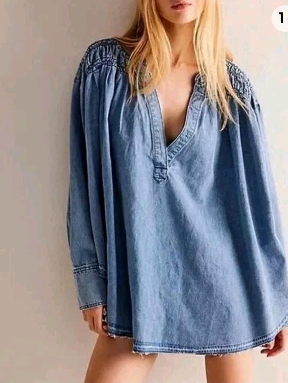 We The Free People Blue Denim V-Neck Smocked Shoulder Tunic Soft Oversized Top